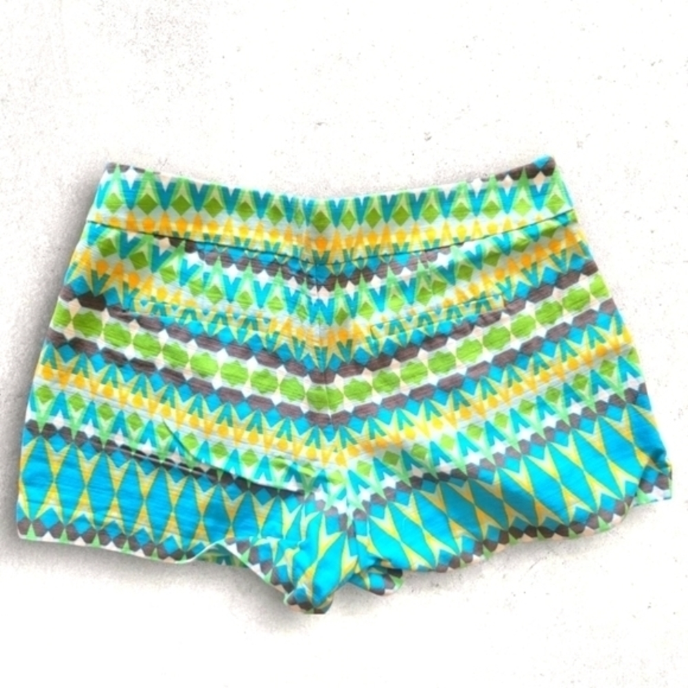 J. Crew Blue Green PatternePleated Shorts | Size 8 | Cotton Linen High Rise